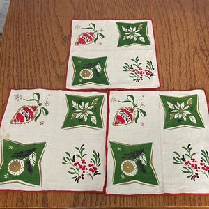 Antique Festive MCM Holiday cocktail Napkins set of 3 Red, Green, Gold retro